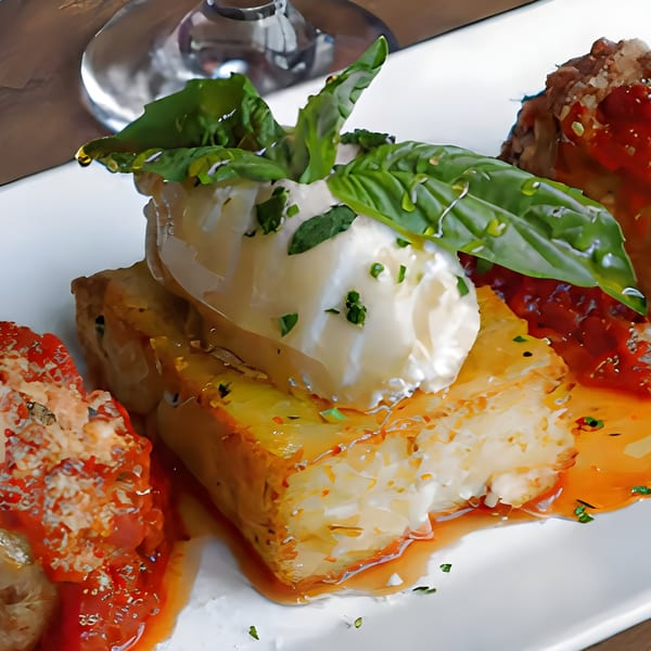 Italian dish with polenta, burrata, basil, and meatballs in tomato sauce on a white plate.